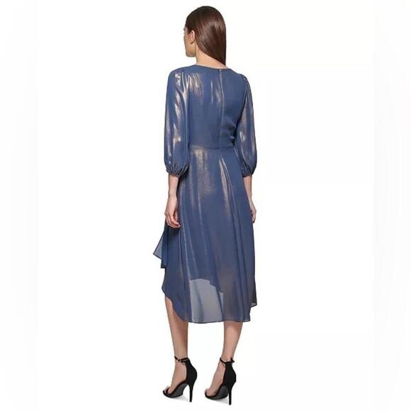 DKNY Iridescent Twisted Balloon-Sleeve evening Sleeve Dress -Denim Gold size 6 - Picture 3 of 12
